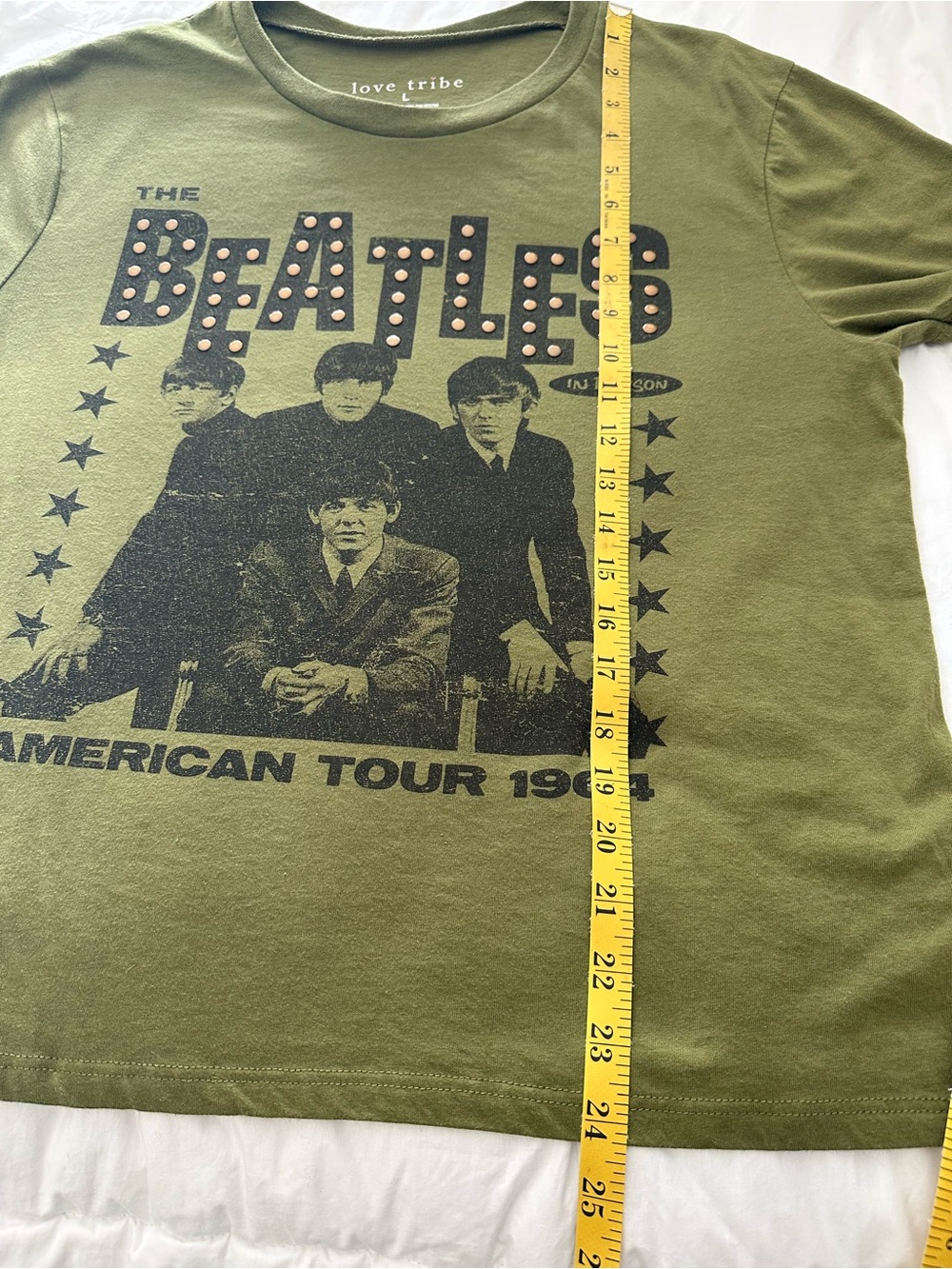 Love Tribe Olive Green Beatles Graphic Short Sleeve Tee, size large - Picture 9 of 10